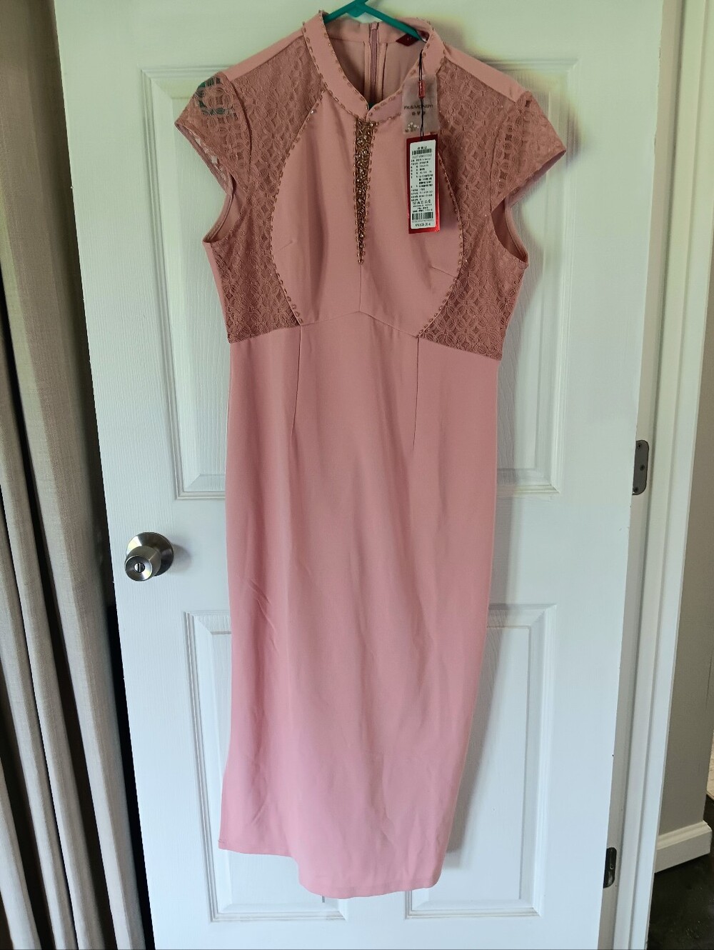 Sleeveless Blush Pink Midi Dress with Lace Yoke